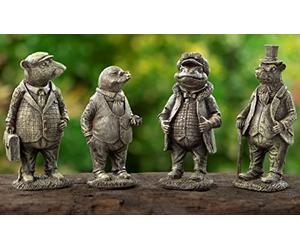 Inspirational Gifting 4 Miniature 14cm Wind in the Willows Garden Sculptures Statues made from a solid stone resin, featuring Ratty, Mole, Badger and Toad! - hand finished with aged patina.