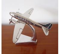Inspirational Gifting Large Douglas DC-3 Aeroplane ornament on stand - hand polished aluminium plane sculpture gift Dakota - 23cm wingspan