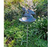 Inspirational Gifting Dragon Bird Bath On A Stake Made From Verdigris Metal