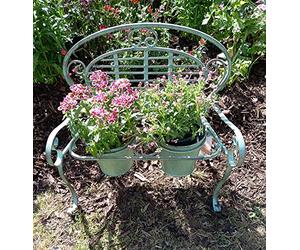 Inspirational Gifting Verdigris Metal Bench Pot Planter With Two Matching Flower Plant Pots