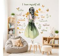 Inspirational Girl Wall Stickers for Girls Bedroom, Sunflower Girl Wall Decals with Positive Affirmations, Peel and Stick Watercolor Wall Art for Nursery Kids Room Decor, Vinyl Stickers in Gift Box