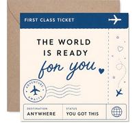Inspirational Good Luck Card - Adventure Awaits - Travel Ticket Design with Globe, Stars and Plane - Uplifting Message to Spark Wanderlust - 145mm Square, Envelope Included