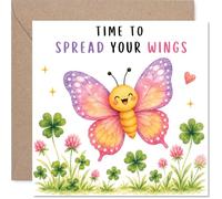 Inspirational Good Luck Card - Time to Spread Your Wings - Watercolour Butterfly with Wildflowers and Clover - 145mm Square, Envelope Included