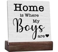 Inspirational Home Is Where My Boys Are Sign, Home Shelf Cubicle Table Desk Decor, Living Room Bedroom Family Decor Boy Mom Momma Gifts For Women Ceramic Plaque With Wooden Stand