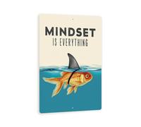Inspirational "Mindset Is Everything" Metal Sign - Creative Juxtaposition of Shark Fin and Goldfish - Motivational Wall Art