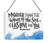 Inspirational Nautical Decor Mightier Than The Waves of The Sea Psalm 93:4 Scripture Wooden Hanging Sign Christian Gift for Baby Kids Girl Boy Nursery Teen Room Bible Verse Wall Art 10 x 8 Inches