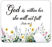 Inspirational Quote Bible Floral God is Within Her She Will Not Fall Mouse Mat, Waterproof Non Slip Rubber Base Mouse Pad for Office Laptop, 9.5"x7.9"x0.12" Inch