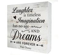 Inspirational Quote Laughter Imagination Dreams Wooden Box Sign Desk Decor Rustic Wood Block Plaque Box Sign for Home Living Room Office Shelf Table Decoration (5 X 5 Inch)