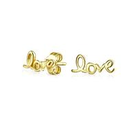Inspirational Saying Script Words Love Stud Earrings For Women Teens Girlfriend Yellow Gold Plated .925 Sterling Silver