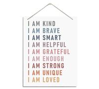 Inspirational Self Affirmations Wood Plaque - Rustic Hanging Art for Classroom, Bedroom & Playroom - Motivational Gift: I Am Kind, Brave & Smart