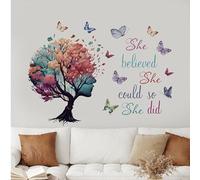 Inspirational She Believed She Could So She Did Wall Stickers, Colorful Tree with Butterflies Wall Art Decals, Self-Adhesive PVC Sticker for Living Room, Bedroom, Home Decor
