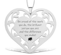 Inspirational Stainless Steel Heart Ornament with Engraved Quote Be Proud of The Work You Do, Hanging Gift for Coworkers, Teachers, Friends, Office or Home Décor with 8" Bead Chain - FGC435