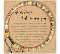 Inspirational Strength Bracelet,Life is Tough But So are You Anxiety Bracelet,Healing Natural Stone Adjustable Beaded Bracelets with Cards,Inspirational Spiritual Gifts for Women,for Friends Birthday