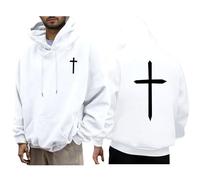 Inspirational Sweatshirts Christian Hoodies for Men Cross Printed Hooded Sweatshirt Long Sleeve Pullover Loose Fit Men's Hoodie Fashion Casual Sweaters (White, L)