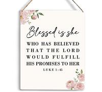 Inspirational Wall Art Blessed Is She Who Has Believed That The Lord Would Fulfill His Promises To Her, Luke 1:45 Christian Art Religious Christmas Gifts for Friends Wooden Hanging Sign 8 x 8 Inches