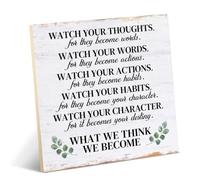 Inspirational Wood Decor Desk Sign Positive Watch Your Thoughts Quote Wood Sign Desk Table Shelf Decoration for Home Office 5 x 5 Inches