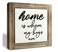 Inspirational Wood Plaques - Rustic Farmhouse Signs for Living Room & Table Art - Gift for Mom - 'Home Is Where My Boys Are'
