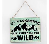 Inspirational Wood Sign Let's Go Camping Out There in The Wild Positive Wood Plaque Sign Quote Decorative Wall Decorative Signs for Laundry House 10x12 Inch