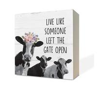 Inspirational Wood Signs, Wooden Box Sign Desk Decor, Cow Decor Table Art, Plaque with Positive Saying, Farmhouse Decor Tabletop, Country Style Home Decor, Live Like Someone Left the Gate Open