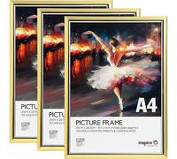 inspire by Hampton Frames | A4 Picture Poster Frame 3-Pack | Gold, 21x30cm, Acrylic Non-Glass | Wall or Freestanding Display, Lightweight, Easy Loading | Modern Home Décor