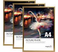 inspire by Hampton Frames | A4 Poster Frame Pack of 3, Gold, Acrylic Front | Lightweight, Shatter-Resistant, Easy Backloader Design | Display Photos or Certificates