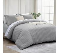 INSPIRE HOMEWARE Double Duvet set - Premium Hotel Quality Reversible Satin Stripes Duvet Cover with 2 Pillowcases, Silver Double Bedding Set - Soft Microfiber Quilt Bedding