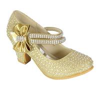 Inspire Me Girls Diamante Strappy Shoes Kids Mid Heel Wedding Party Sandals Dance Party Children Special Occasion Party Shoes (UK 3, Gold Bow)