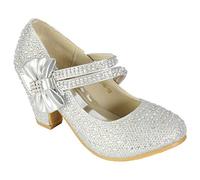 Inspire Me Girls Diamante Strappy Shoes Kids Mid Heel Wedding Party Sandals Dance Party Children Special Occasion Party Shoes (UK 3, Silver Bow)