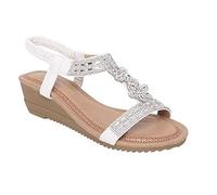 Inspire Me Wedge Hill Ladies Sandals H-Strap Pattern with Sparkling Embedded Stones Elastic Slingback Strap Wedge Fish Mouth Sandals (White, 7 UK)
