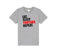 Inspired Eat Sleep YouTube Repeat T-Shirt | Premium Crew Neck Unisex T-Shirt |Regular Fit Short Sleeve 100% Cotton Round Neck T-Shirt |Funny Vintage Style tee for UK Men/Women/Kids Grey