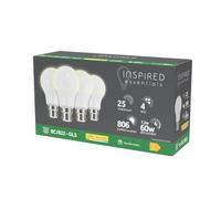 Inspired Essentials B22 Bayonet LED Bulb, Warm White 3000K, 60W 60 Watts Equivalent, 7.3W B22 GLS Bulbs, Light Bulbs, 806 Lumen, Non-Dimmable, Last up to 25000 Hours, Pack of 4