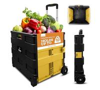 Inspired Living Ultra-Slim Rolling Collapsible Storage Pack-N-Roll Utility-carts, with Telescopic Handle, for Home, Garden, Shopping, Office, School use, Medium, Yellow & Black