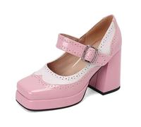 -Inspired Women's Mary Jane High Heels with Wide Block Heel Square Toe - Stylish Comfortable Footwear for Festive Occasions as well as Everyday Use, pink, 5 UK