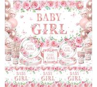 Inspireyee 167 PCS Baby Shower Decorations Girl Gender Reveal Party Supplies Babygirl Tableware Set - Plate, Napkins, Backdrop, Balloons Rose Gold Floral Serves 20