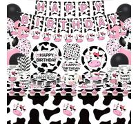 Inspireyee 178 Pack Cow Print Party Supplies Birthday Decorations Farm Barn Pink Theme Tableware Set - Plates, Cups, Napkins, Tablecloth, Banner, Foil Balloons Serves 20
