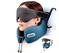 Inspireyes Neck Pillow, Travel Pillow with Seat Strap, 3D Sleep Mask, Dual Support Neck and Head, High Supportive Foam Airplane Pillow for Long Flight, Stop Bobblehead Travel Essential, Lake Blue
