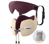 Inspireyes Neck Pillow, Travel Pillow with Seat Strap, 3D Sleep Mask, Dual Support Neck Head, High Supportive Foam Airplane Pillow for Long Flight Road Trip, Stop Bobblehead Travel Essential, Beige