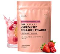 Inspiriko Multi Collagen Powder for Women, Hydrolized Collagen Peptides | 5 types, 4 Patented Sources, Hyaluronic Acid, Vitamin C & Biotin, 10,000mg, UK Made, Strawberry & Raspberry, 24 servings