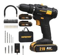 INSPIRITECH 21V Cordless Drill with 2 Batteries and Charger,3/8-Inch Keyless Chuck Power Drill Set,2 Variable Speed Electric Drill Driver, 19 Torque Setting with Drill/Driver Bits
