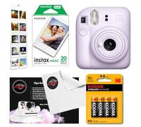 Instant Camera Bundle with Fujifilm Mini 12 Lilac Purple Camera, Fujifilm 20 Shot Mini Film, 4 x AA Batteries, Wall Album, Clikoze Lens Cloth and Instant Photography Tips Card