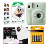Instant Camera Bundle with Fujifilm Mini 12 Mint Green Camera, Fujifilm 20 Shot Mini Film, 4 x AA Batteries, Wall Album, Clikoze Lens Cloth and Instant Photography Tips Card