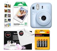 Instant Camera Bundle with Fujifilm Mini 12 Pastel Blue Camera, Fujifilm 20 Shot Mini Film, 4 x AA Batteries, Wall Album, Clikoze Lens Cloth and Instant Photography Tips Card