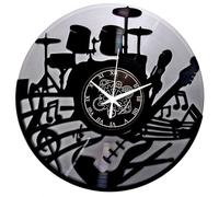 Instant Karma Clocks Vinyl Wall Clock Guitar Music Keyboard Drummer Battery, Rock Band Colour Silver and Black