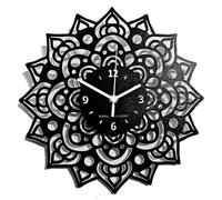 Instant Karma Clocks Wall Clock ➤ Mandala Flowers Artwork Decorative Motif Chakra Art Gift, HDF Wood Coated Finish Black Color, Ø12inch