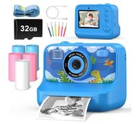 Instant Print Camera for Kids Age 3-12 Girls Boys 1080P HD Digital Video Cameras with 5 Print Paper & 32G Card Toddler Portable Travel Toys Camera for Christmas Birthday Gifts