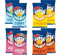 Instant Super Noodles Variety Pack - 8 x 90g, 2 Beef, 2 Chicken, 2 Curry, 2 Bacon - Quick & Tasty Noodle Selection for Meals on the Go