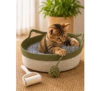 Instinct Basket for Cats, Cat Hammock Foldable Sleeping Nest Basket, Attached Toy Tail, Scratchable Interactive Pet Nest, Flexible Walls Fight Boredom & Protect Furniture，Green+mat：35x35x14cm