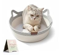 Instinct Basket for Cats - Handwoven Cotton Rope Enrichment Bed with Attached Toy Tail, Scratchable Interactive Pet Nest Features Flexible Walls to Fight Boredom & Protect Furniture (Gray, M)