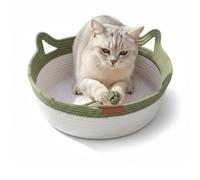 Instinct Basket for Cats - Handwoven Cotton Rope Enrichment Bed with Attached Toy Tail, Scratchable Interactive Pet Nest Features Flexible Walls to Fight Boredom & Protect Furniture (Green, L)