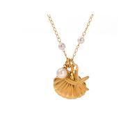 INSTR 18k Gold Plated Tarnishproof Stainless Steel Starfish Shell Star Shell Pendant Necklace Chain Light Luxury with Retro Pearl